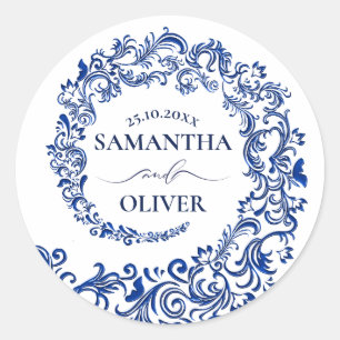 Elegant Blue Damask Wedding Runder Aufkleber