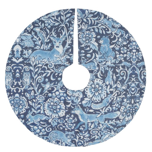 Elegant Blue Delft Woodland Animal Deer Floral Polyester Weihnachtsbaumdecke (Vorderseite)