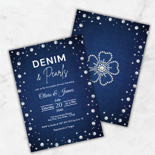 Elegant Blue Denim and Pearls Couple's Shower Einladung