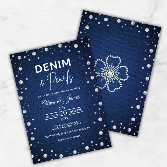 Elegant Blue Denim and Pearls Couple's Shower Einladung (Elegant Blue Denim and Pearls Couple's Shower Invitation     )
