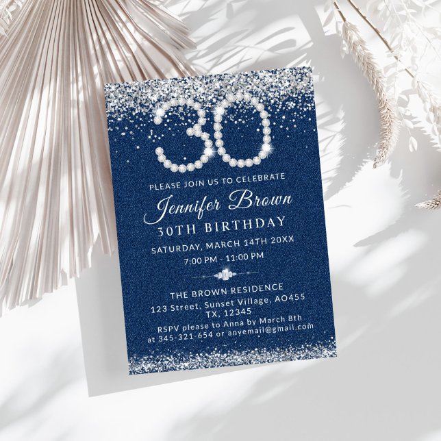 Elegant Blue Denim & Diamonds 30. Geburtstag Party Einladung (Diamonds and Denim 30th Birthday Party Invitation)