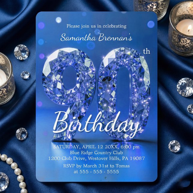 Elegant Blue Diamond Gemstone Glamour 90th Party Einladung (Von Creator hochgeladen)