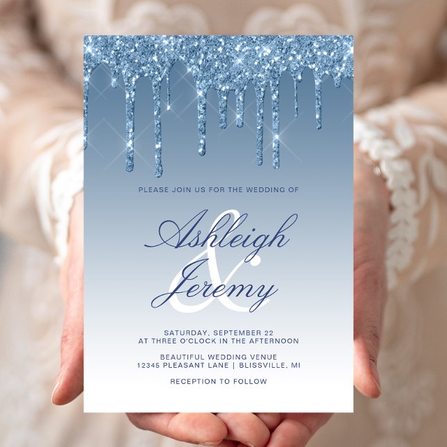 Elegant Blue Dripping Glitzer Script Wedding Einladung (Von Creator hochgeladen)
