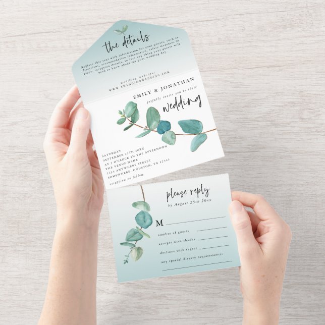 Elegant Blue Eucalyptus Branch Script Wedding All In One Einladung (Abreißen)