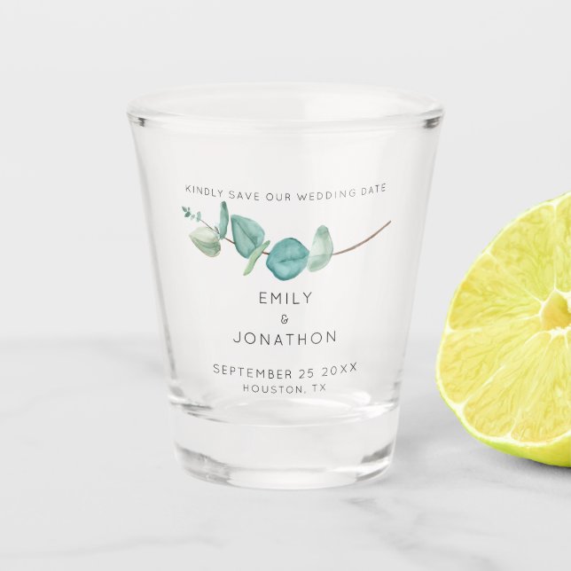 Elegant Blue Eucalyptus Keepake Save the Date Sho Schnapsglas (Vorderseite)