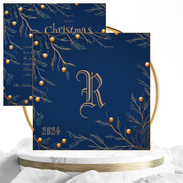 Elegant Blue Family Monogram Weihnachtskarte Feiertagskarte (Von Creator hochgeladen)