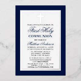 Elegant Blue First Holy Communion Cross Silver Folieneinladung