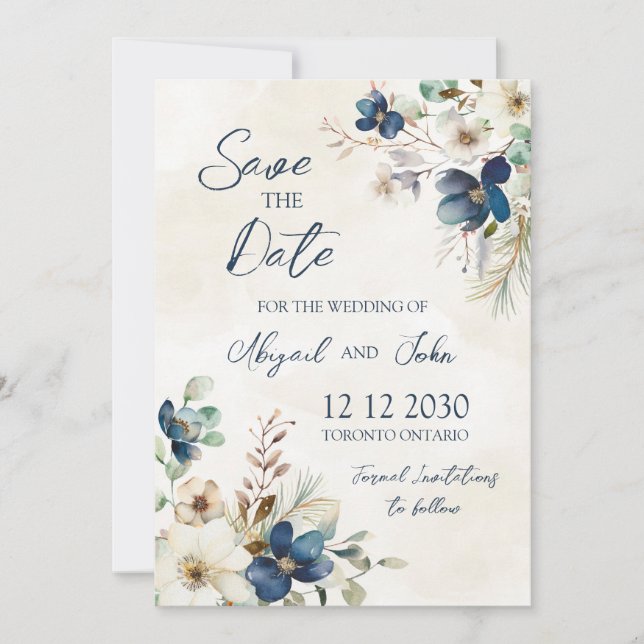 Elegant Blue Flora Winter Save the Date Card (Vorderseite)