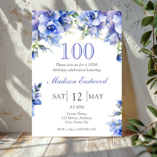 Elegant Blue Floral 100. Geburtstag Einladung