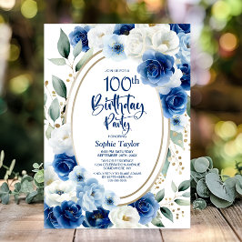 Elegant Blue Floral 100. Geburtstagsparty Einladung