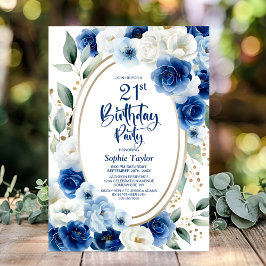 Elegant Blue Floral 21. Geburtstag Party Einladung