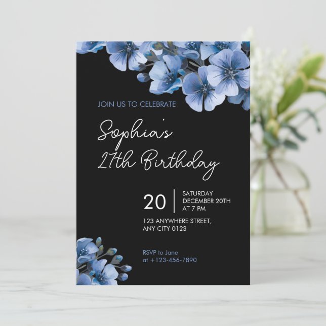 Elegant Blue Floral 27th Birthday Party Invitation (Debout devant)