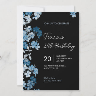 Elegant Blue Floral 27th Birthday Party Invitation