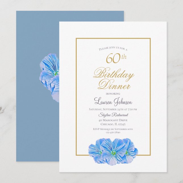 Elegant Blue Floral 60. Geburtstag Abendessen Einladung (Vorne/Hinten)