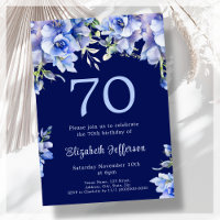 Elegant Blue Floral 70. Geburtstag Einladung