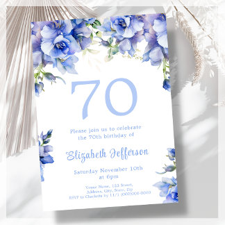 Elegant Blue Floral 70. Geburtstag Einladung