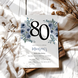 Elegant Blue Floral 80. Geburtstag Einladung
