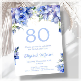 Elegant Blue Floral 80. Geburtstag Einladung