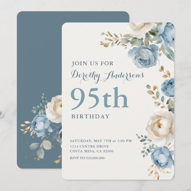 Elegant Blue Floral 95. BIrthday Party Einladung (Vorne/Hinten)