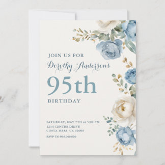 Elegant Blue Floral 95. BIrthday Party Einladung