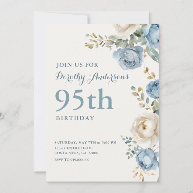Elegant Blue Floral 95. BIrthday Party Einladung (Vorderseite)