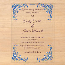 Elegant Blue Floral Acrylic Wedding Einladung
