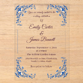 Elegant Blue Floral Acrylic Wedding Einladung