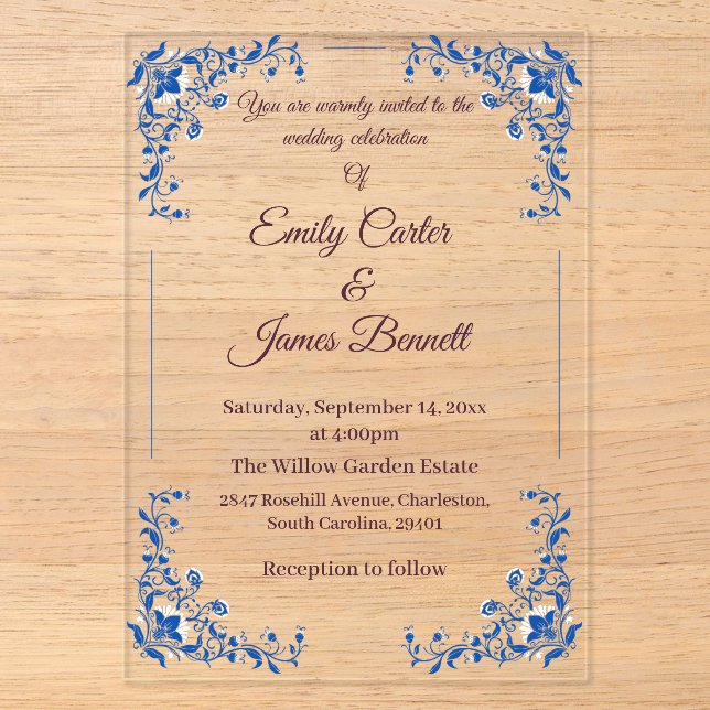 Elegant Blue Floral Acrylic Wedding Einladung (Vorderseite)