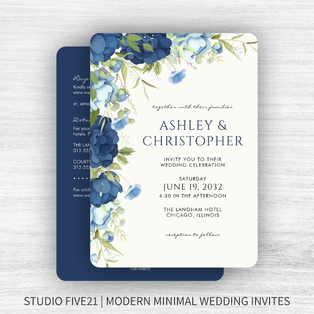 Elegant Blue Floral All-in-One Hochzeit Einladung (Von Creator hochgeladen)