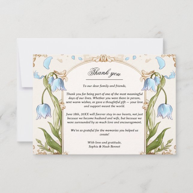 Elegant Blue Floral and Gold Wedding Vielen Dank Dankeskarte (Vorderseite)