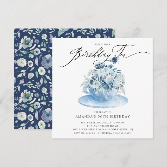 Elégant Blue Floral Anniversaire Thé Invitation (Devant / Derrière)