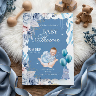 Elegant Blue Floral Baby Boy Welcome Einladung