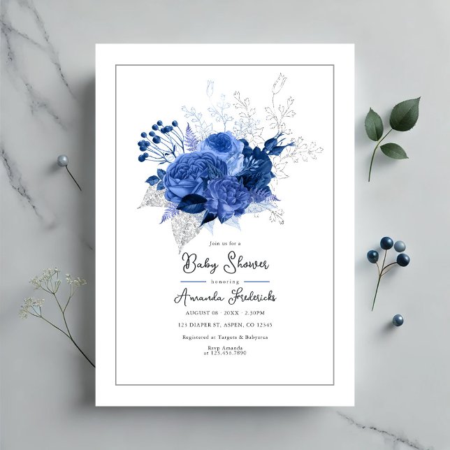 Elegant Blue Floral Baby Shower Einladung (Elegant Blue Floral Baby Shower Invitation)