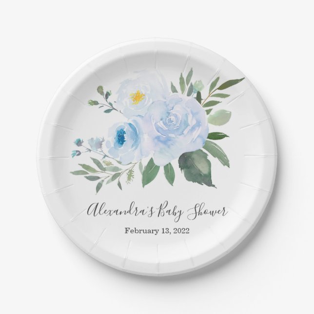 Elegant Blue Floral Baby Shower Plate Pappteller (Vorderseite)