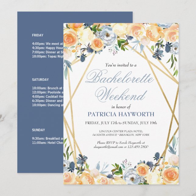 Elegant Blue Floral Bachelorette Wochenende Einladung (Vorne/Hinten)
