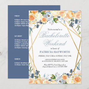 Elegant Blue Floral Bachelorette Wochenende Einladung