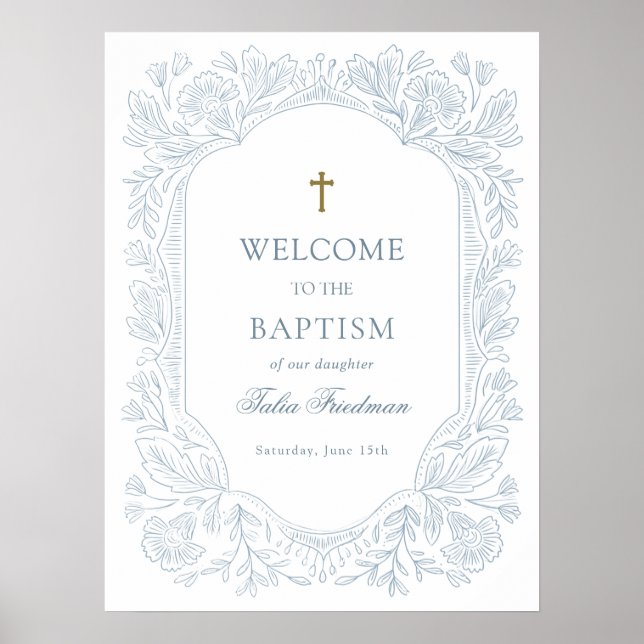Elegant Blue Floral Baptism Welcome Poster (Vorne)