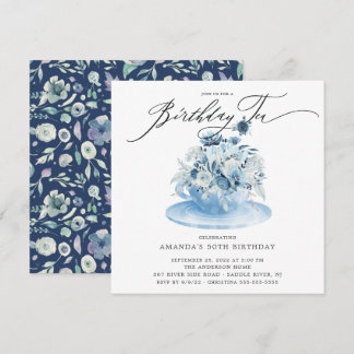Elegant Blue Floral Birthday Tee Einladung