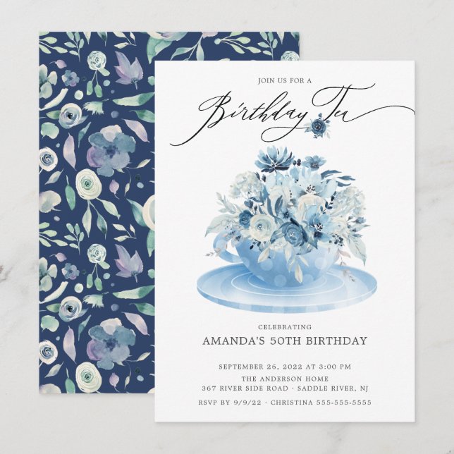 Elegant Blue Floral Birthday Tee Einladung (Vorne/Hinten)