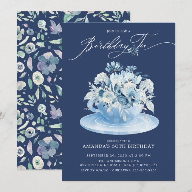 Elegant Blue Floral Birthday Tee Einladung (Vorne/Hinten)