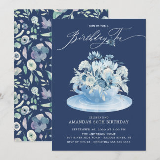 Elegant Blue Floral Birthday Tee Einladung