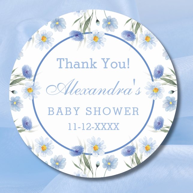 Elegant Blue Floral Boho Baby Shower Vielen Dank Runder Aufkleber (Von Creator hochgeladen)