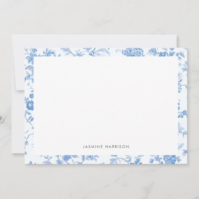 Elegant Blue Floral Border French Toile de Jouy Mitteilungskarte (Vorderseite)