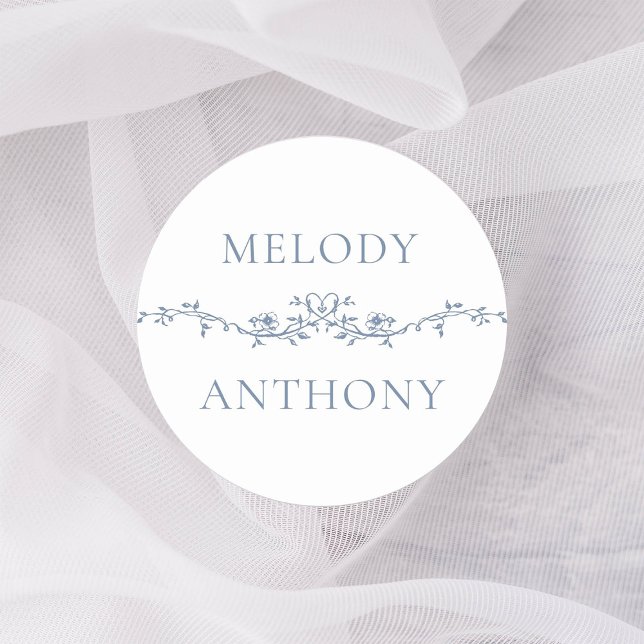 Elegant Blue Floral Border Monogramme Runder Aufkleber (Von Creator hochgeladen)