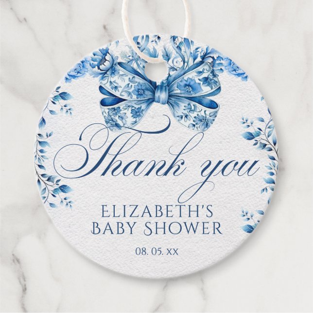 Elegant Blue Floral Bow Calligraphy Vielen Dank Geschenkanhänger (Vorderseite)