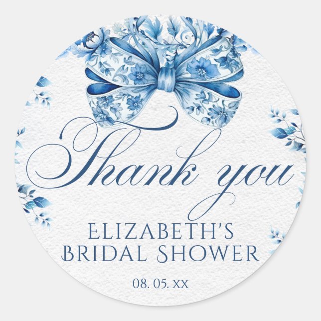 Elegant Blue Floral Bow Calligraphy Vielen Dank Runder Aufkleber (Vorderseite)