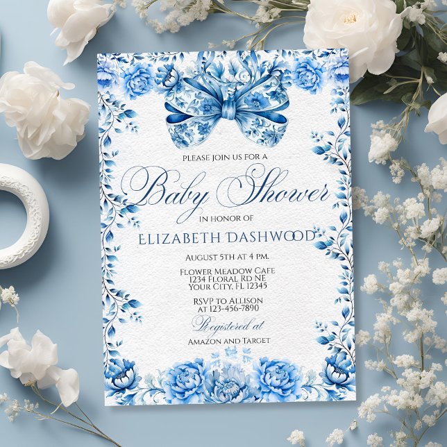 Elegant Blue Floral Bow Chic Toile Baby Shower Einladung (Von Creator hochgeladen)