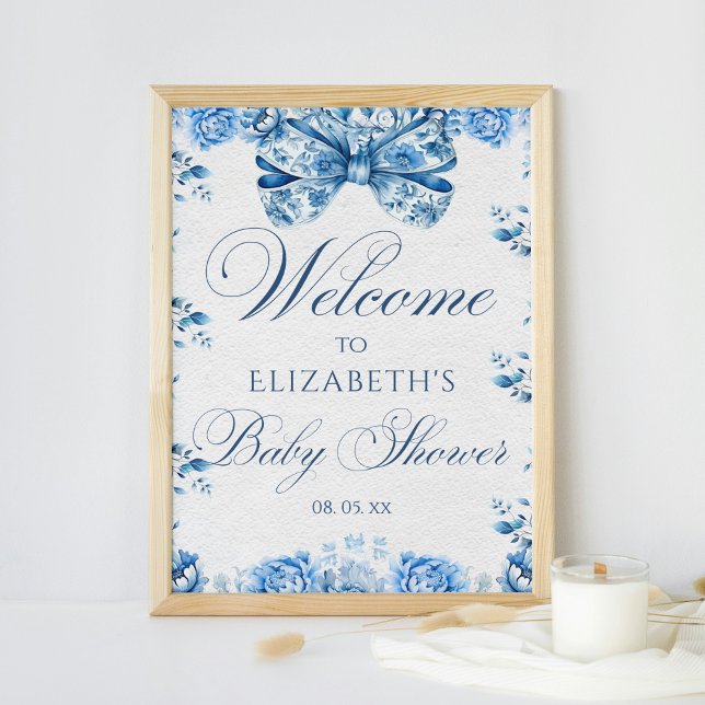 Elegant Blue Floral Bow Toile Calligraphy Willkomm Poster (Von Creator hochgeladen)