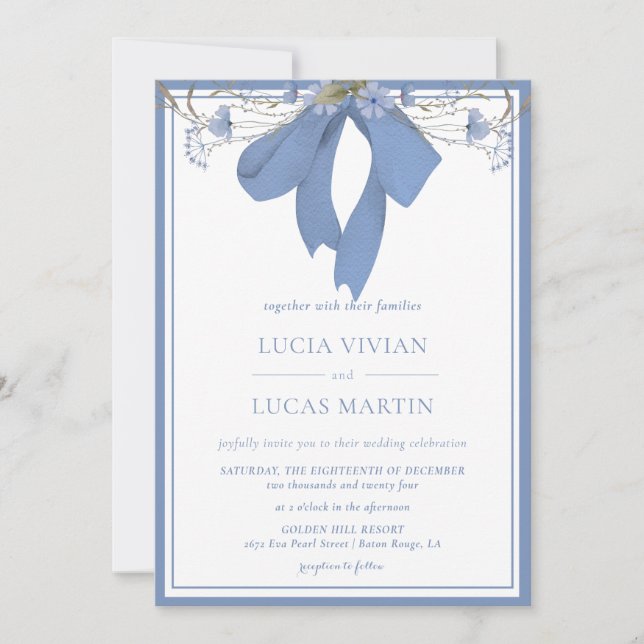 Elegant Blue Floral Bow Wedding Einladung (Vorderseite)