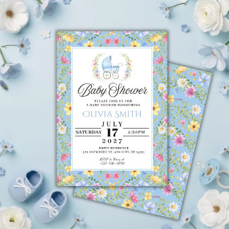 Elegant Blue Floral boy Baby Shower Einladung
